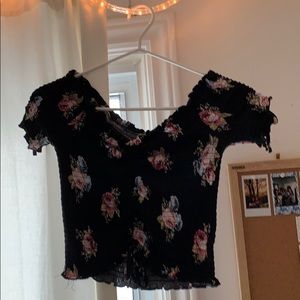 Women’s Ruched Cropped Black Floral Shirt